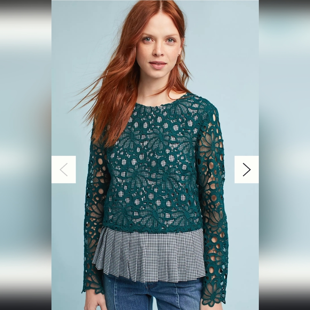 Maeve Anthropologie Gabriella Black and White Gingham & Green lace Peplum